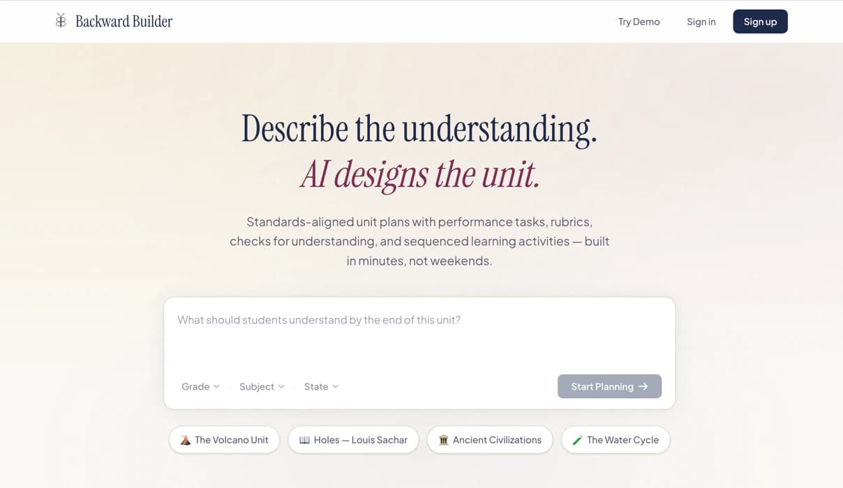 Backward Builder's home screen: one field asking what students should understand by the end of the unit, with grade, subject and state selectors, a Start Planning button, and four example units below it.