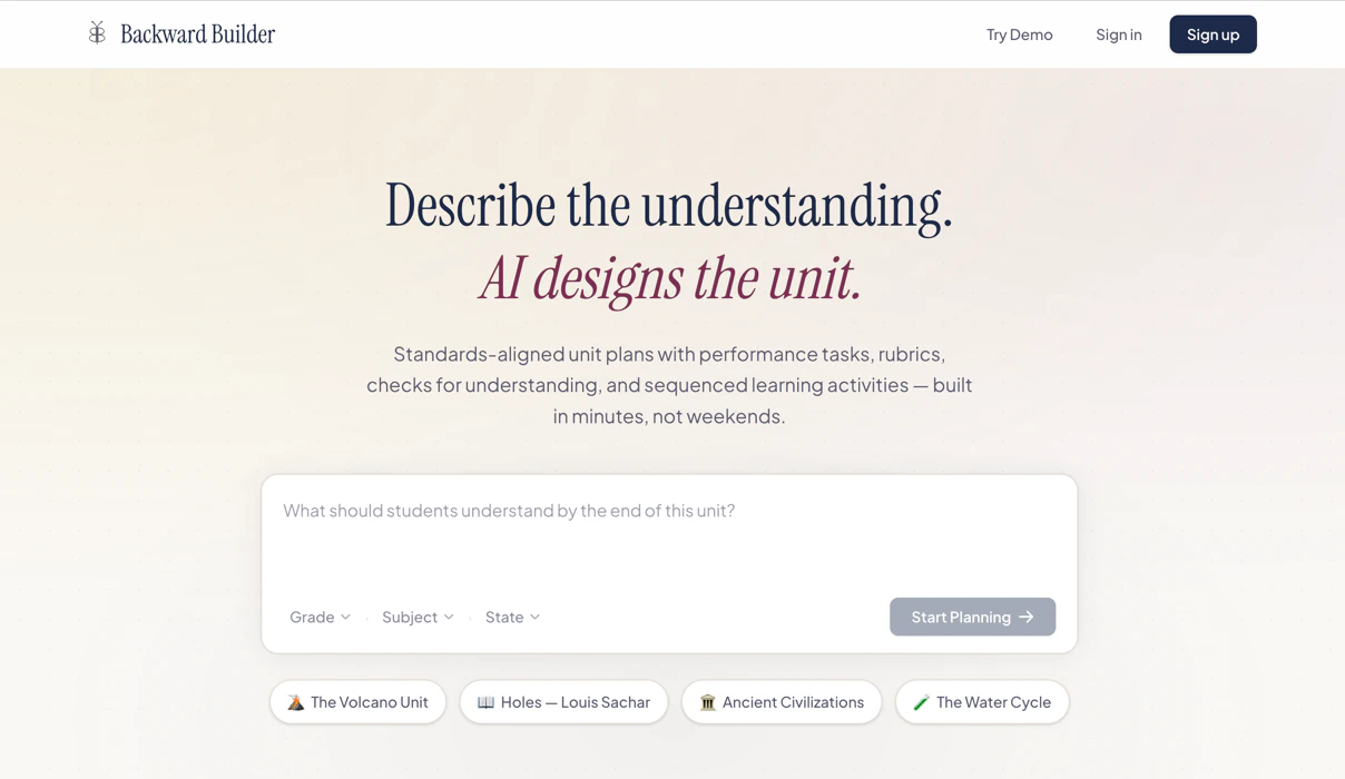 Backward Builder's home screen: one field asking what students should understand by the end of the unit, with grade, subject and state selectors, a Start Planning button, and four example units below it.