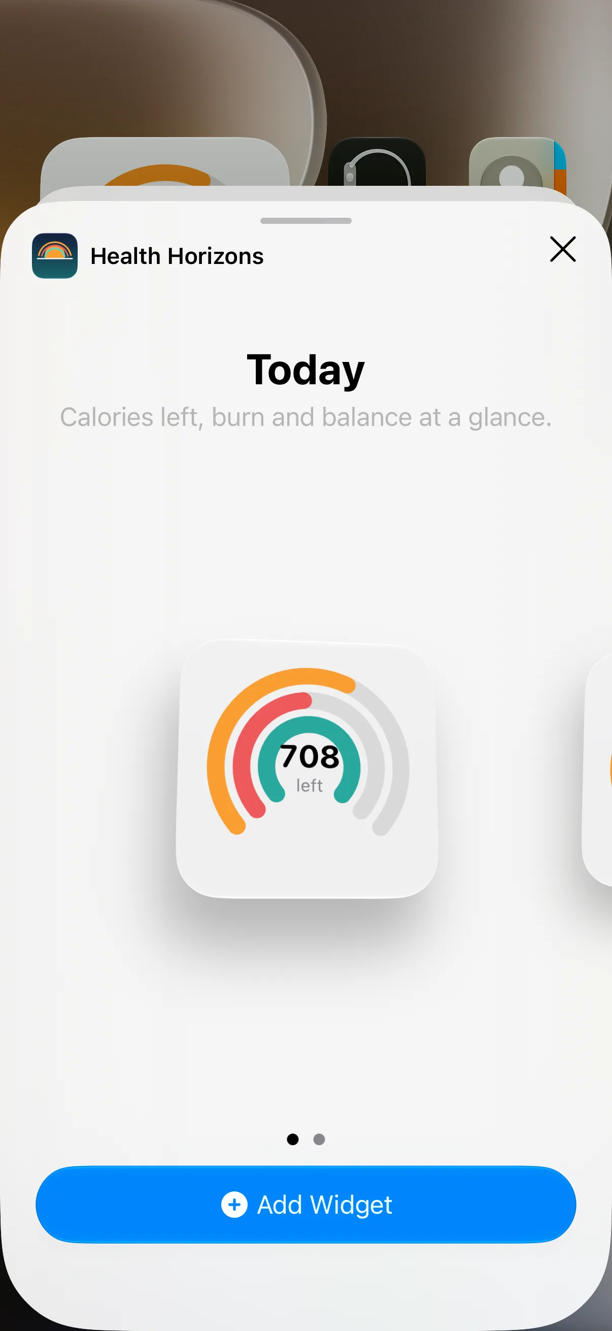 The iPhone Home Screen widget gallery filtered to Health Horizons, showing the small Today widget with the three-arc gauge and calories left, and an Add Widget button.