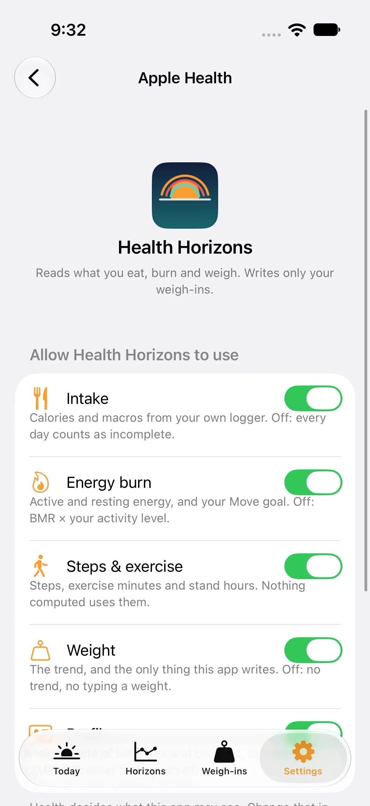 Settings, Apple Health page: the app icon and name, the line 'Reads what you eat, burn and weigh. Writes only your weigh-ins.', and switches for Intake, Energy burn, Steps and exercise, and Weight, each with a sentence on what turning it off does.
